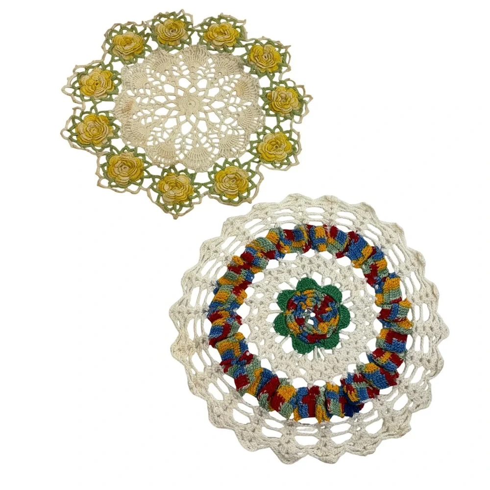 Vintage Handmade Crochet Doilies Set of 2 Yellow Rose 3D Floral Lace Multi-Color